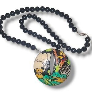 Vintage Hand Painted Carved Wood Animal Pendant Black Bead Necklace Taiwan